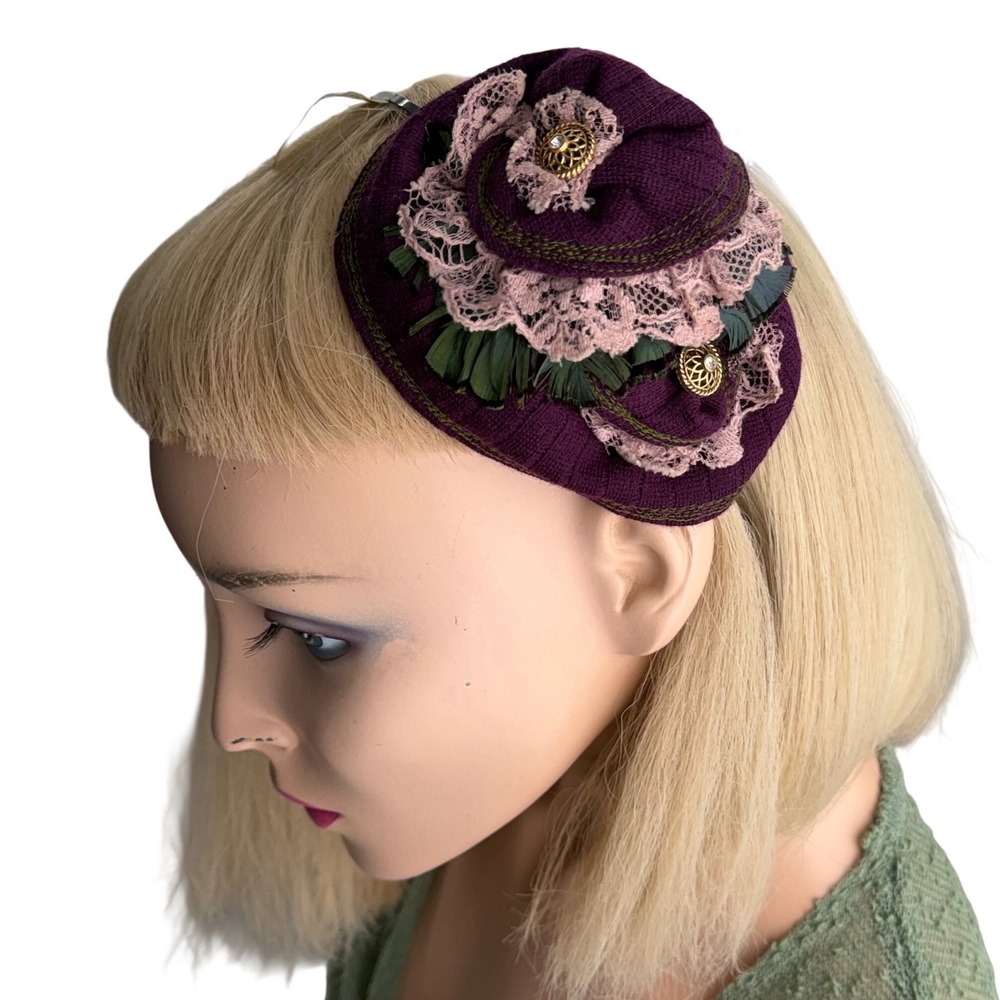 Handmade Fascinator Pillbox Style Purple Lace Feather Victorian‎ Steampunk OS